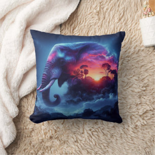 Elephant Silhouette Merged with Vibrant Sunset Throw Pillow