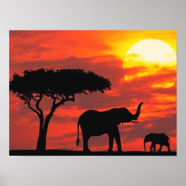 Elephant Silhouette Scene with Orange Sky Poster (Front)