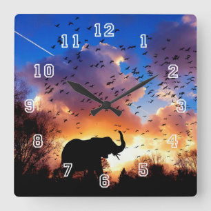Elephant Silhouette Square Clock