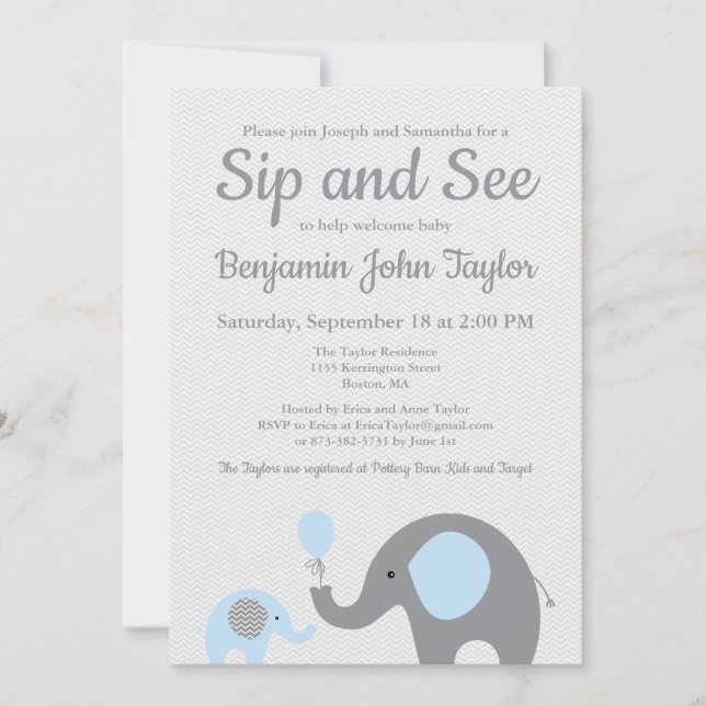 Elephant Sip and See Invitations in Blue and Grey (Front)