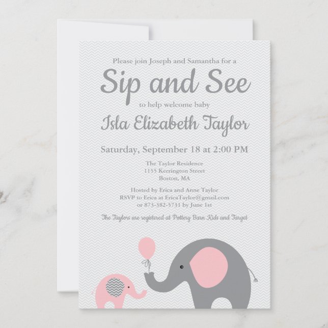 Elephant Sip and See Invitations in Pink and Grey (Front)