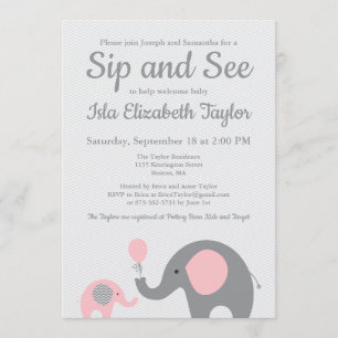 Elephant Sip and See Invitations in Pink and Grey