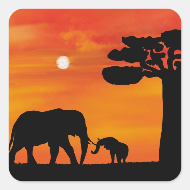 elephant, ,sky ,animals ,sunrise ,nature ,africa , square sticker (Front)