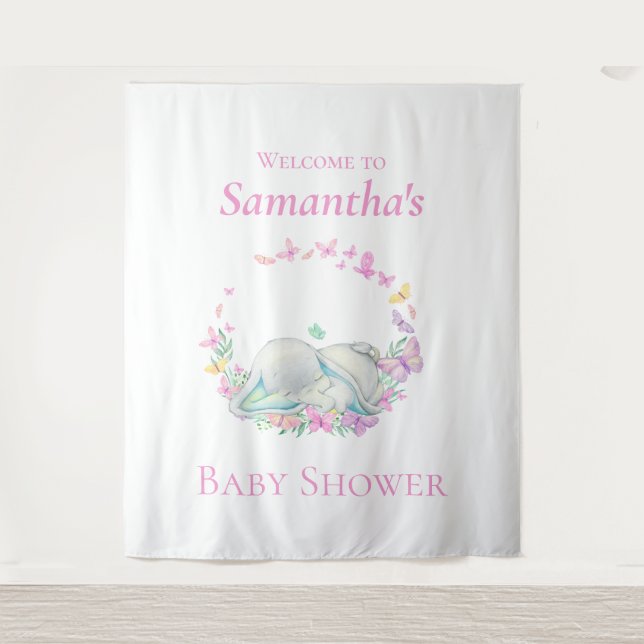Elephant Sleeping Butterflies Baby Shower Backdrop Tapestry (Front)