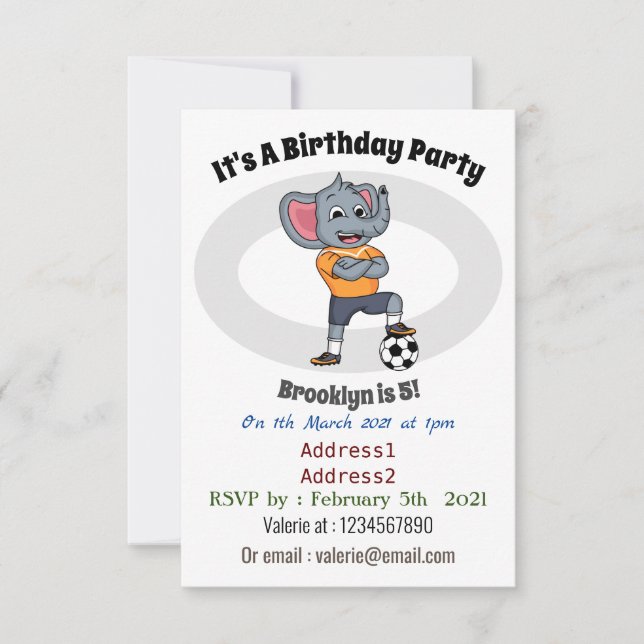 Elephant soccer player cartoon illustration invitation (Front)