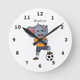 Elephant soccer player cartoon illustration round clock