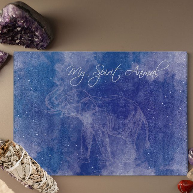Elephant Spirit Animal Decorative Cutting Board (Elephant Spirit Animal Glass Board with bundled sage and crystals.)