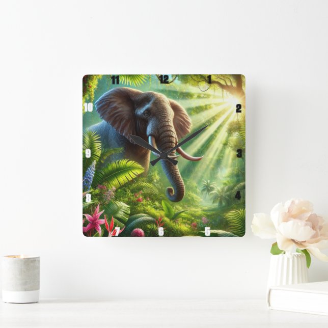 Elephant Standing Amidst Lush Jungle Foliage Square Wall Clock (Home)