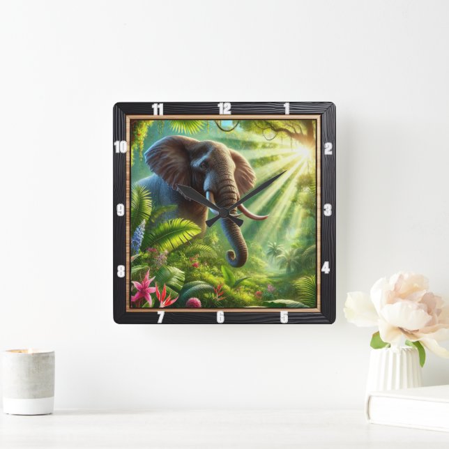 Elephant Standing Amidst Lush Jungle Foliage Square Wall Clock (Home)
