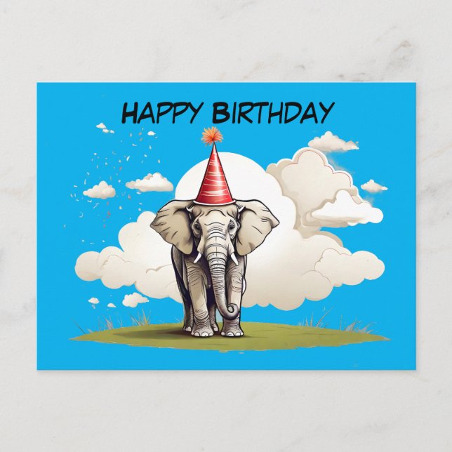 Elephant standing on patch of grass clouds postcard (Front)