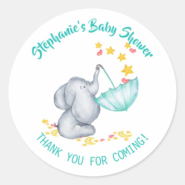 Elephant & Stars Baby Shower Thank You Classic Round Sticker (Front)