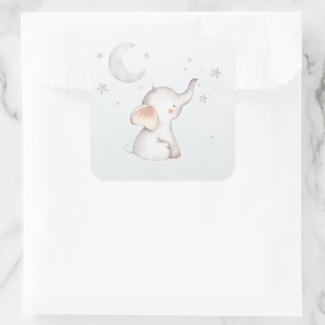 Elephant Stars Moon Dusty Blue Boy Baby Shower Square Sticker (Bag)