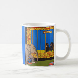 elephant strolling past the black leopards cage coffee mug