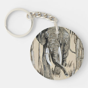Elephant Strolling Through Wooded Savanna Art Keychain