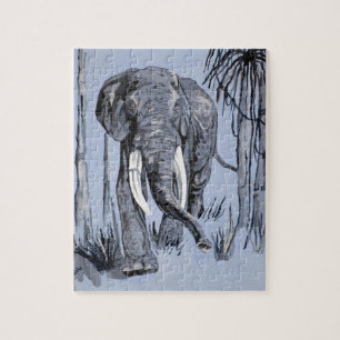 Elephant Strolling Through Wooded Savanna In Blue Jigsaw Puzzle