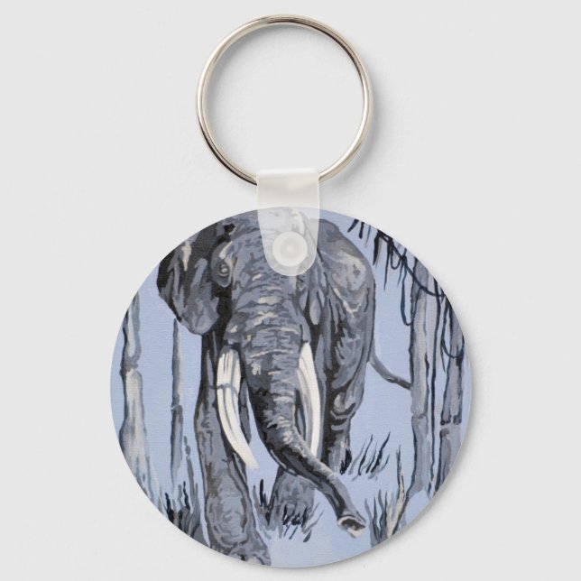 Elephant Strolling Through Wooded Savanna In Blue Keychain (Front)