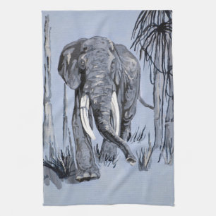 Elephant Strolling Through Wooded Savanna In Blue Kitchen Towel