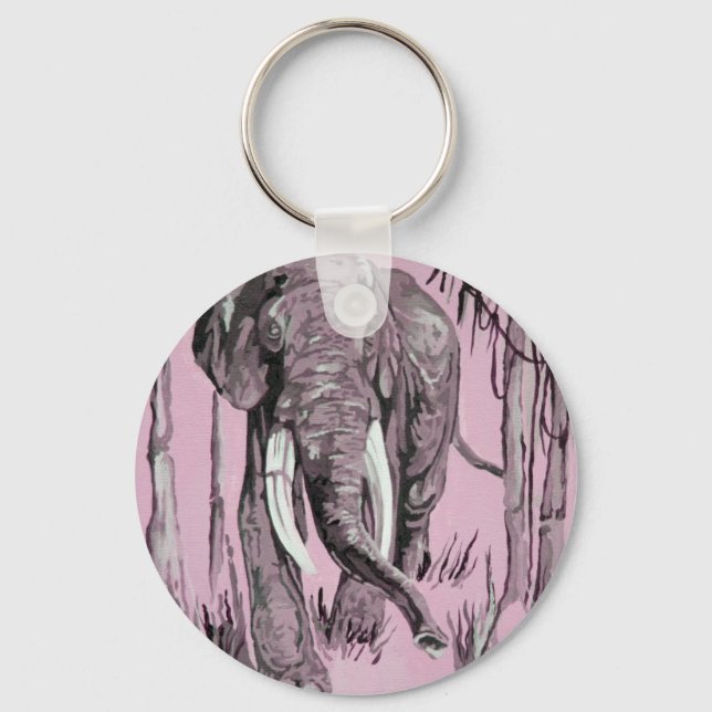 Elephant Strolling Through Wooded Savanna In Pink  Keychain (Front)