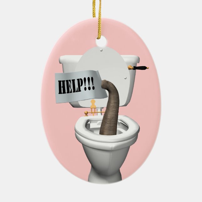 Elephant Stuck In Toilet Ceramic Ornament (Back)