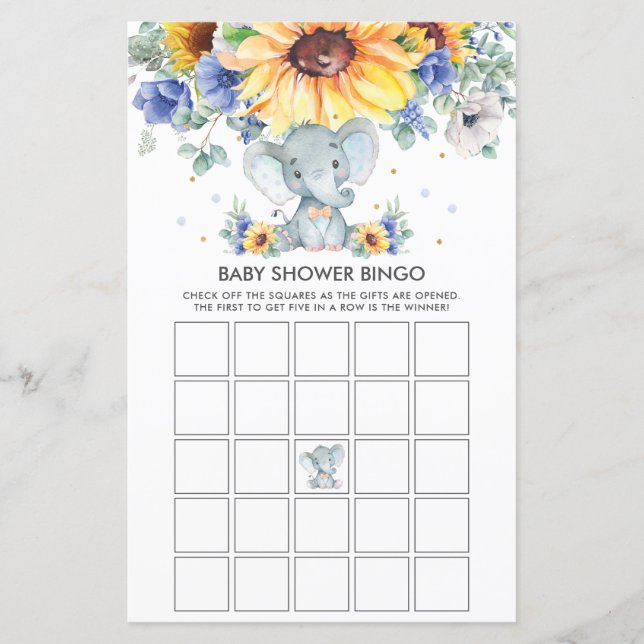 Elephant Sunflower Blue Baby Shower Bingo Game  (Front)