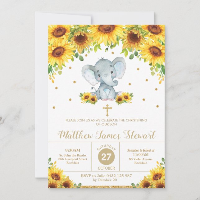 Elephant Sunflower Floral Christening Baptism Boy Invitation (Front)