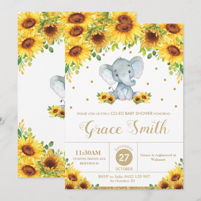 Elephant Sunflower Floral Co-Ed Baby Shower Boy Invitation (Front/Back)