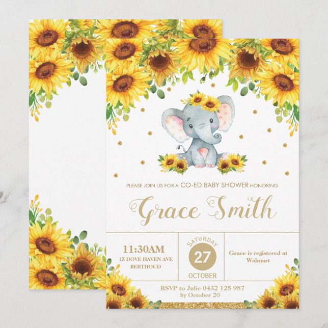 Elephant Sunflower Floral Co-Ed Baby Shower Girl Invitation (Front/Back)