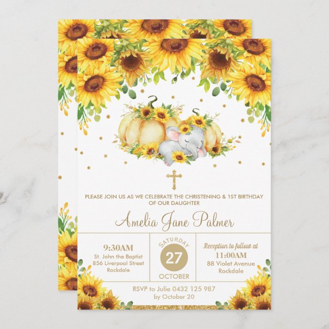 Elephant Sunflower Pumpkin Christening Baptism Invitation (Front/Back)
