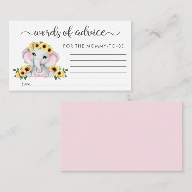 Elephant Sunflowers Words of Advice Baby Shower Enclosure Card (Front/Back)