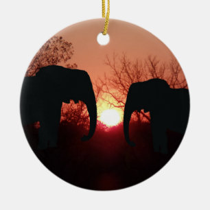 Elephant Sunset Silhouette Ceramic Ornament