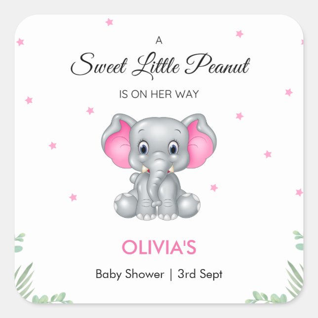 Elephant Sweet Little Peanut Girl Baby Shower  Square Sticker (Front)