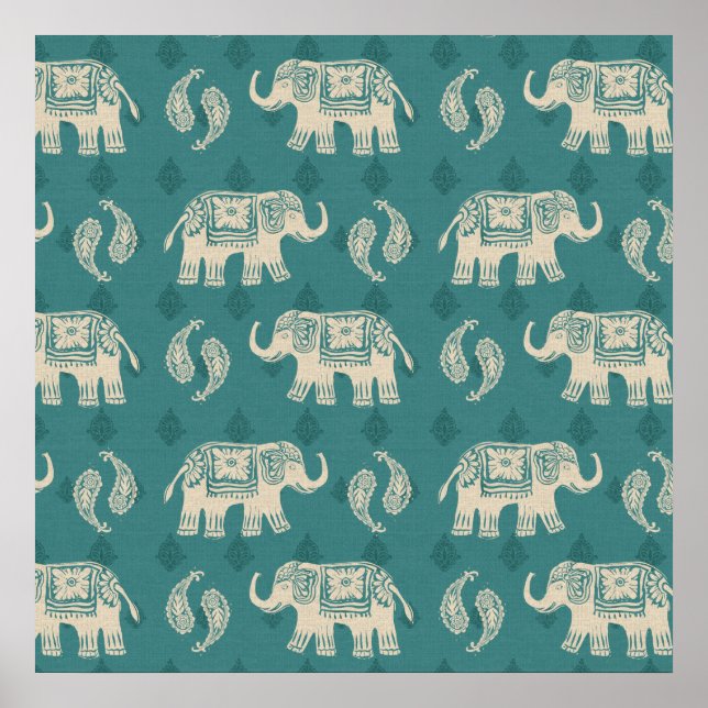 Elephant Teal Caravan Pattern Poster (Front)