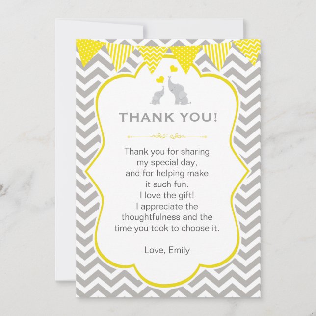 Elephant Thank You Card Note Yellow Grey Chevron (Front)