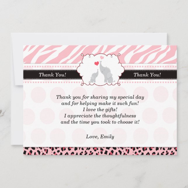 Elephant Thank You Card Pink Black Zebra (Front)