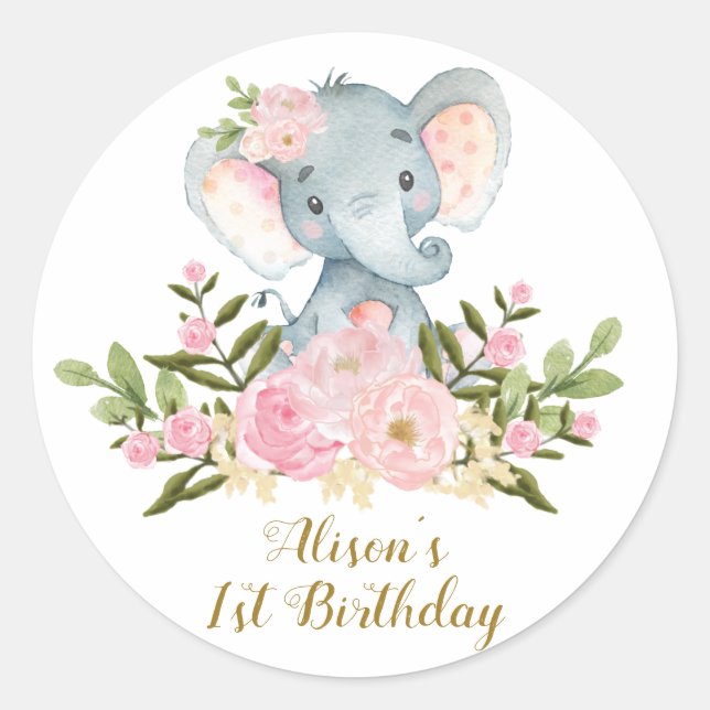 Elephant Thank You Sticker Floral Birthday Favours (Front)