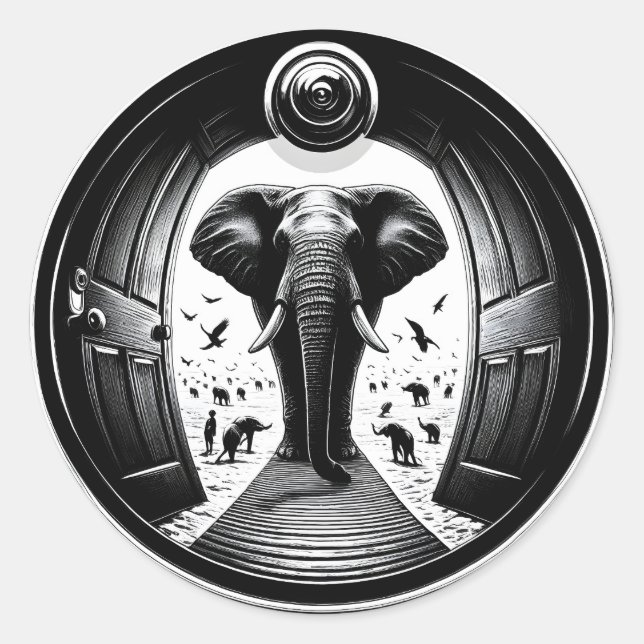 Elephant Through the Peephole Doorway | Fisheye Classic Round Sticker (Front)