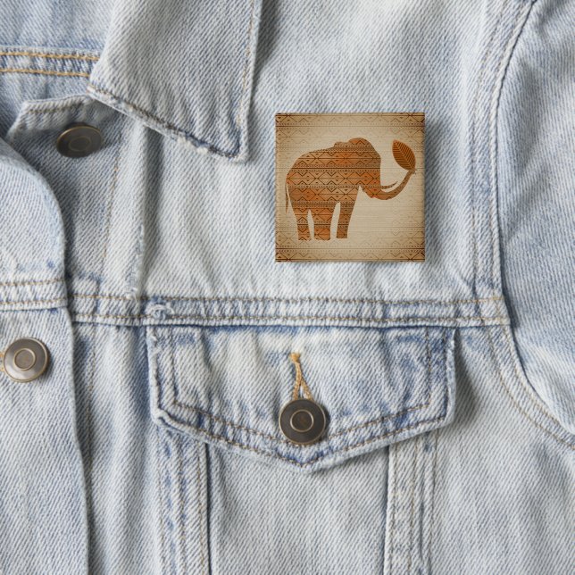 Elephant Tribal Art Design 2 Inch Square Button (In Situ)