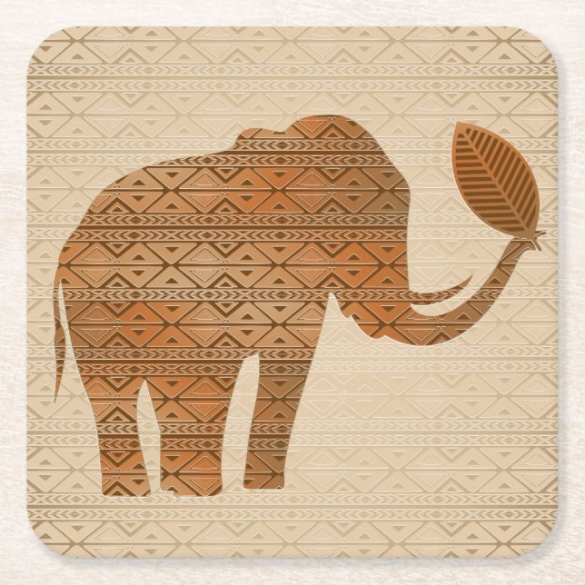 Elephant Tribal Art Design Square Paper Coaster (Front)