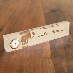 Elephant Tribal Art Desk Nameplate with Clock
