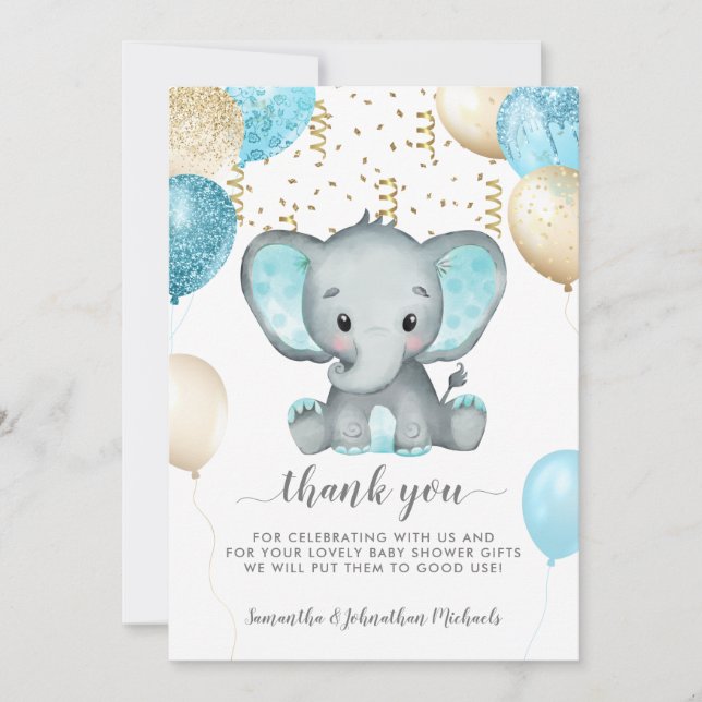 Elephant Turquiose Balloons Baby Shower Thank You (Front)