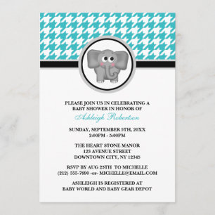 Elephant Turquoise & White Houndstooth Baby Shower Invitation