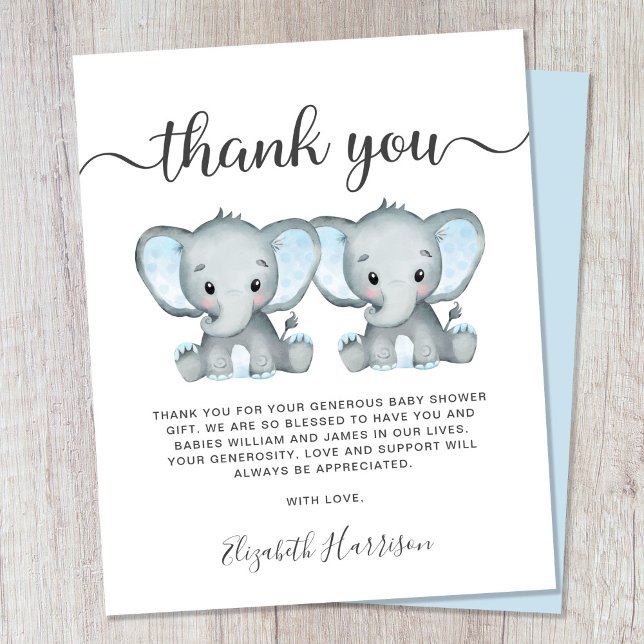 Elephant Twin Baby Boys Shower Thank You Card (Creator Uploaded)