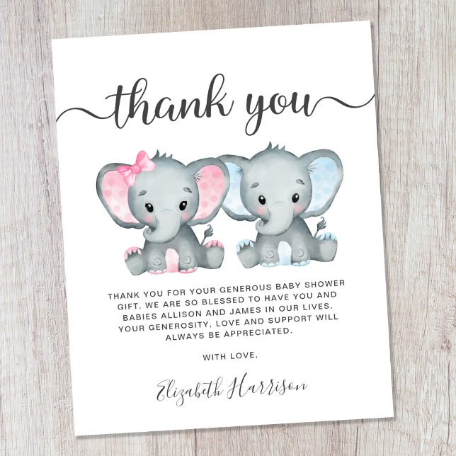 Elephant Twin Baby Girl Boy Douche Carte de remerc (Créateur téléchargé)
