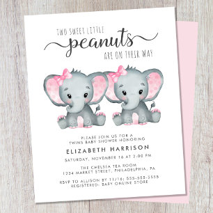 Elephant Twin Baby Girls Shower Budget Invitation