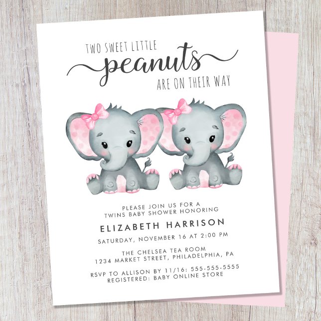 Elephant Twin Baby Girls Shower Budget Invitation (Creator Uploaded)
