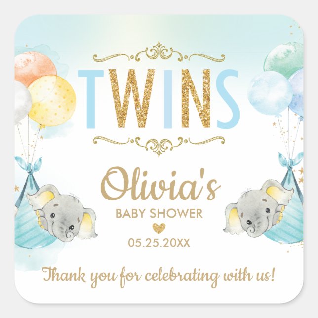 Elephant Twin Boys Baby Shower Thank You Favour Square Sticker (Front)