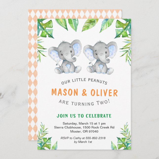 Elephant Twin Boys Birthday Little Peanuts Party Invitation (Front/Back)