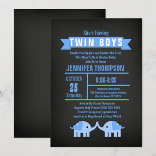 Elephant Twin Boys Chalkboard Baby Shower Invitation