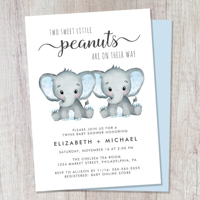 Elephant Twin Boys Couples Baby Shower Invitation (Cute twin boys couples baby shower invitation)