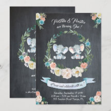 Elephant twin girl-boy Invitation, Floral,Baby 1st